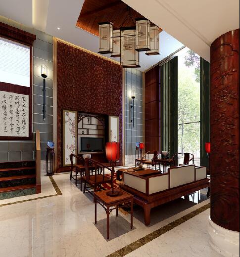 鹤壁意天公馆别墅新中式挑高客厅中式靠背椅客厅圆柱子效果图
