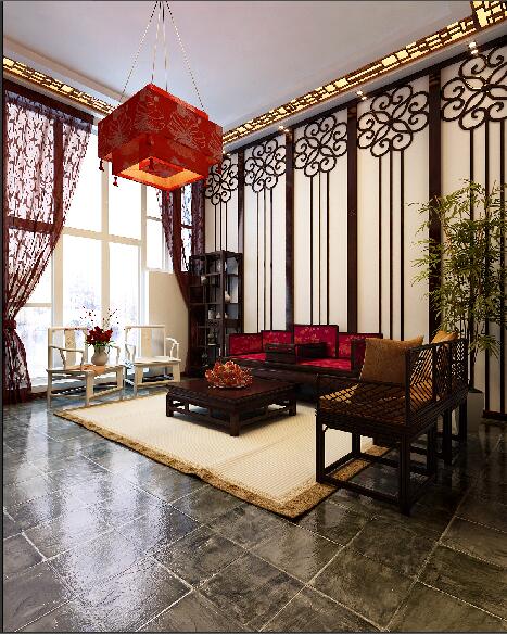 焦作三维月季公寓40平米中式客厅雕花板背景红色中式吊灯挑高客厅效果图