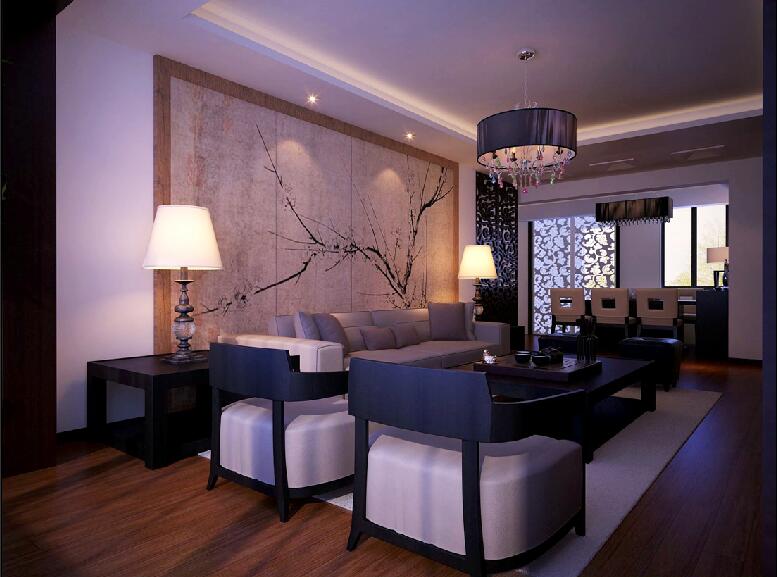 濮阳四季果岭简约餐厅客厅一体式黑色茶几圆形吊灯梅花装饰画沙发墙
