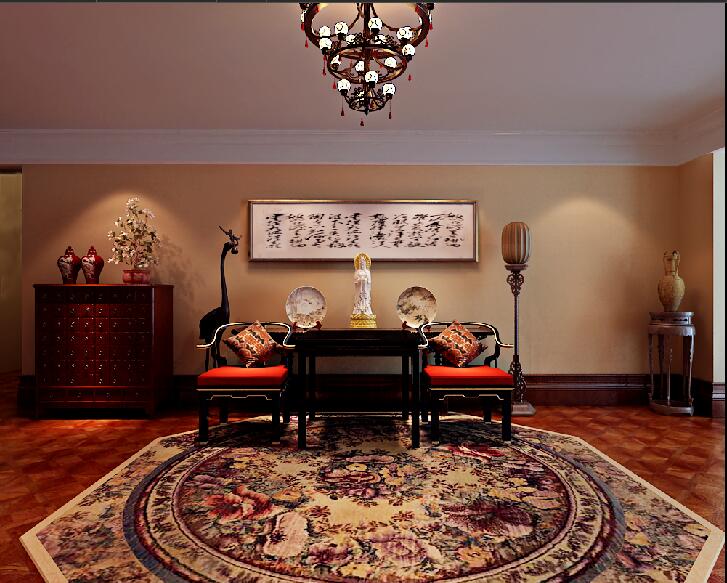 漯河现代城创意中式吊灯牡丹花多边形地毯红木玄关柜观音佛像效果图