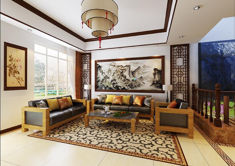 漯河丽江花园客厅中空吊顶现代中式沙发椅水墨山水画沙发背景墙效果图