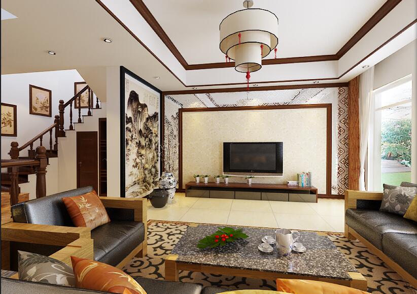 三门峡花开四季复式客厅水墨山水画现代中式沙发实木楼梯效果图