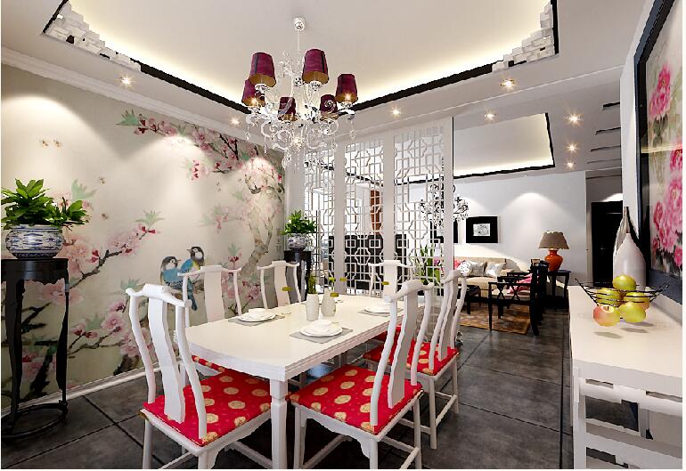 三门峡高速甘棠雅苑简欧客厅白色雕花板屏风隔断白色餐桌椅水晶灯效果图