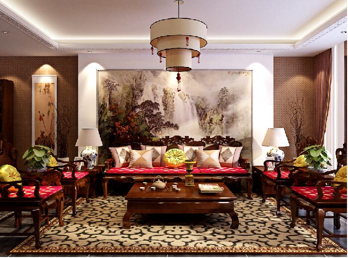 三门峡同德嘉苑客厅红木色中式沙发椅中空吊顶山水装饰画背景墙