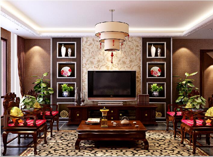 三门峡星垣悦府中式客厅电视墙博古架红木家具创意圆形吊灯效果图