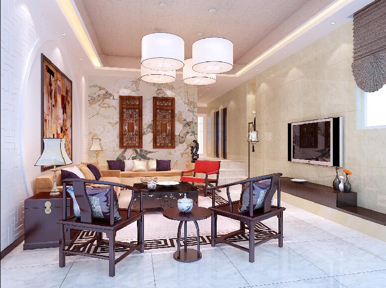 周口凤凰芙蓉苑中式风格二居室客厅沙发后面装饰画白色圆形吊灯