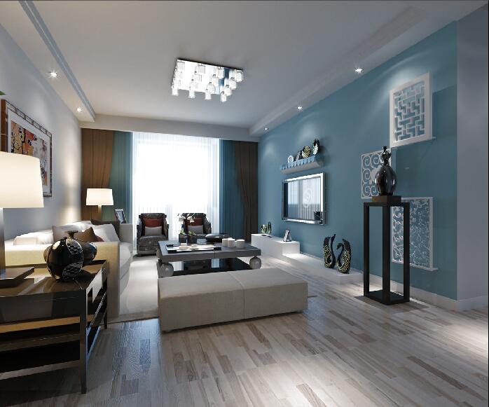 武汉景园淡蓝色客厅墙壁吸顶灯白色方形沙发木地板效果图
