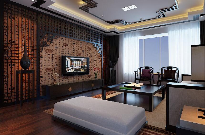 武汉假日名门中式客厅雕花板吊顶书法壁纸电视墙效果图