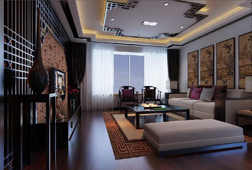 武汉骏亚上河城长方形中式客厅客厅三联壁挂画白色方形组合沙发效果图
