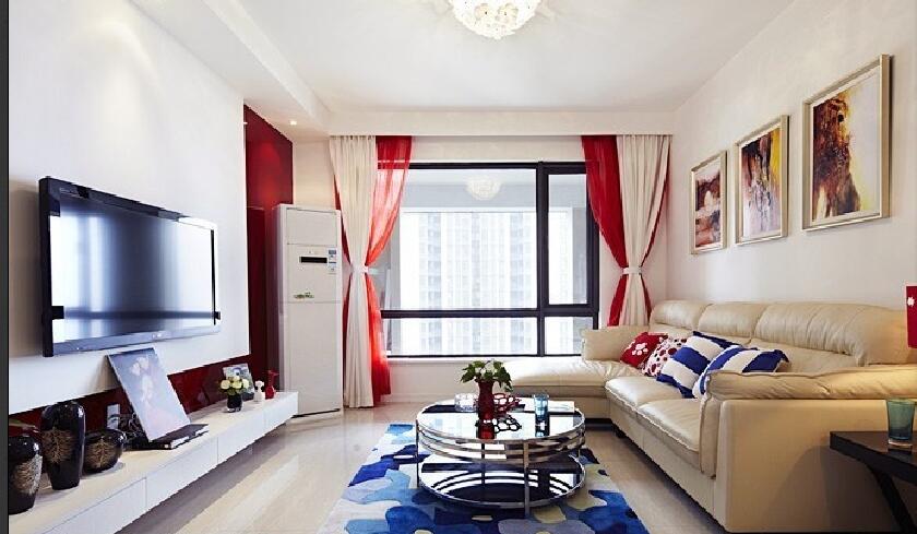 十堰恒生大厦现代客厅浅棕色皮沙发红白窗帘不锈钢圆形茶几效果图