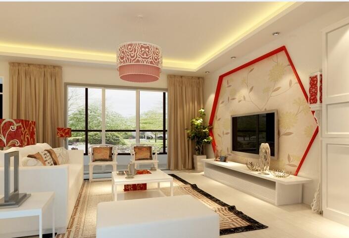 宜昌泸州小区多边形不规则电视墙圆形镂空吊灯白色皮艺沙发效果图