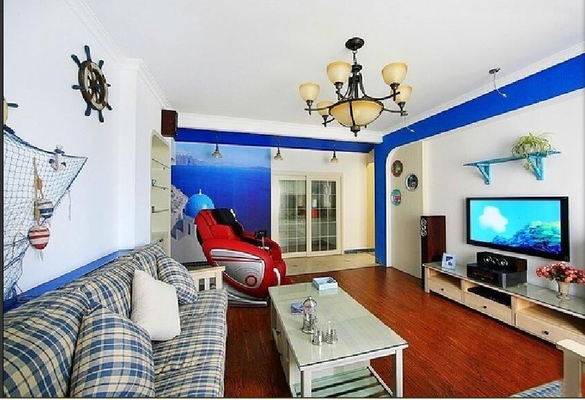 荆门象山科苑客厅地中海风格方格沙发红木地板复古吊灯蓝色墙壁效果图