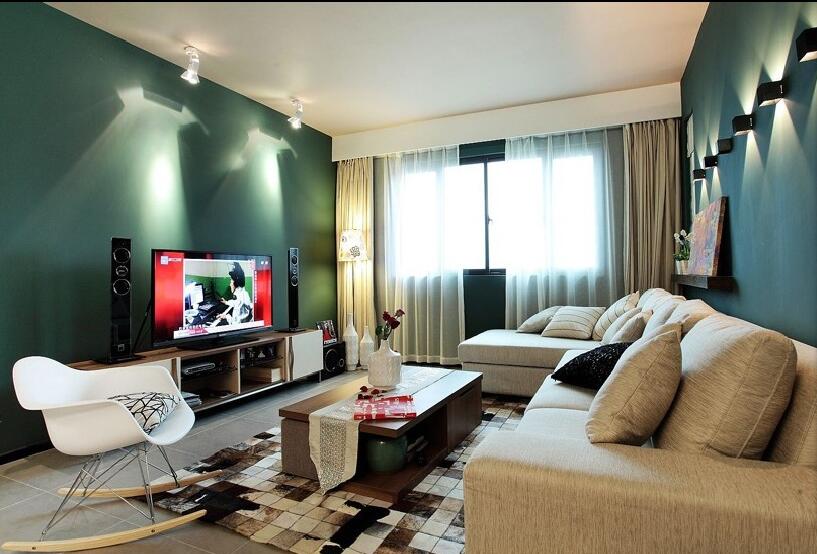 咸宁瑞融国际广场客厅深绿色电视墙射灯麻布沙发透光窗帘效果图