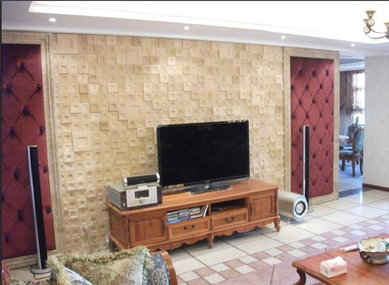 随州长盛苑20平米小客厅凹凸面电视墙实木电视柜马赛克地砖效果图