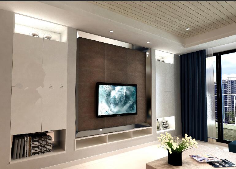 随州汉东府邸现代15平米客厅木条吊顶射灯吊顶壁挂电视墙效果图