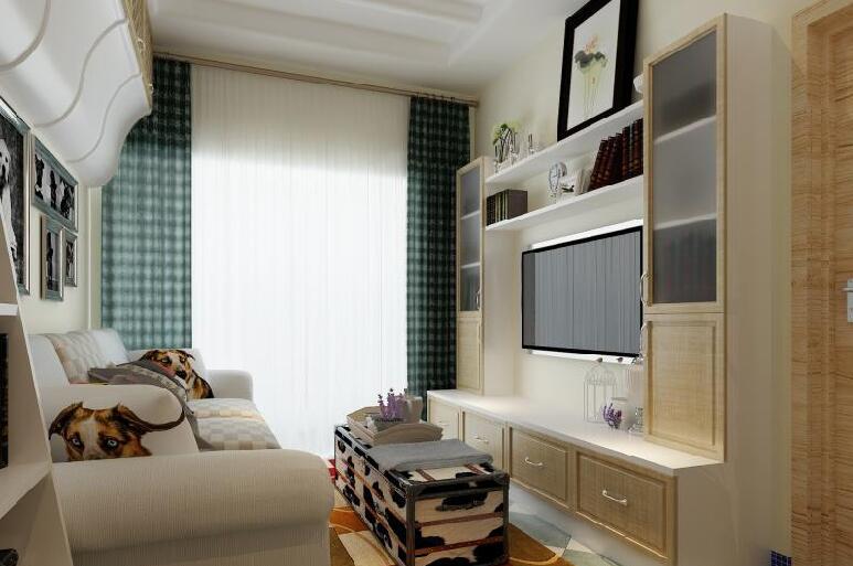 仙桃豪峰·绿色新都三期10平米小客厅格子窗帘书架电视墙多层茶几效果图