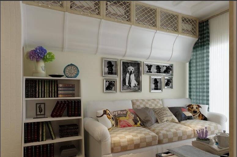 仙桃海盛·锦绣天创意客厅吊柜收纳柜客厅书架一字型沙发装饰画照片墙