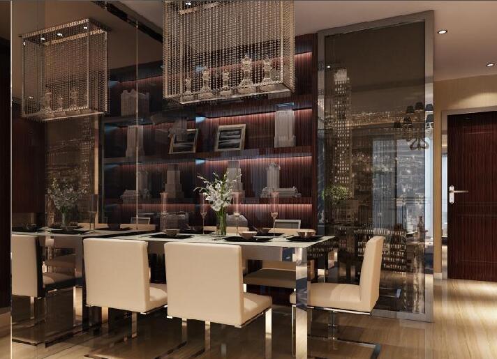 神农架祥安广场镜面餐厅墙长方形线帘吊灯不锈钢餐桌效果图