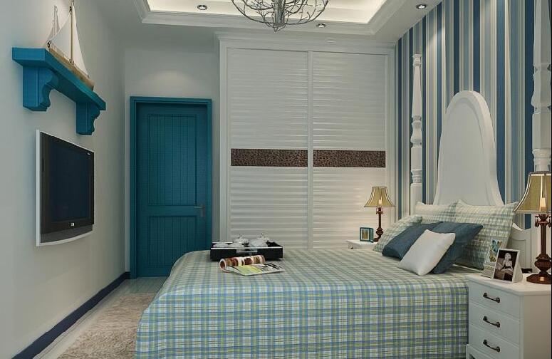 长沙卓越观山地中海风格白色推拉门衣柜深蓝色卧室门条纹卧室壁纸