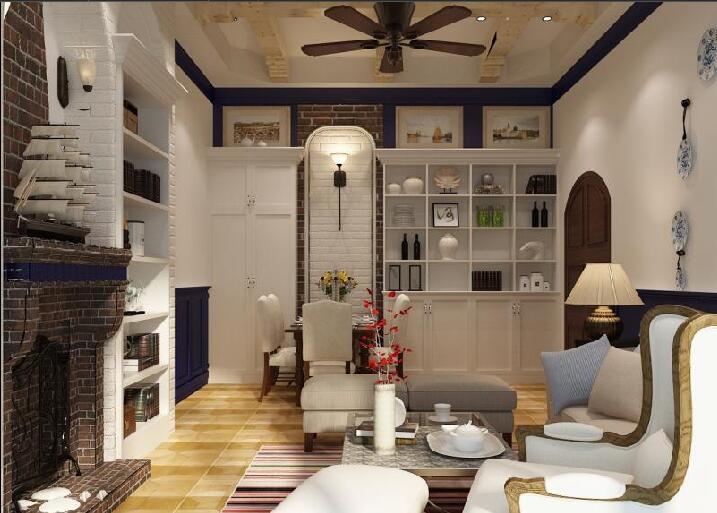 长沙绿岛明珠美式客厅白色砌砖墙风扇灯博古架沙发椅效果图