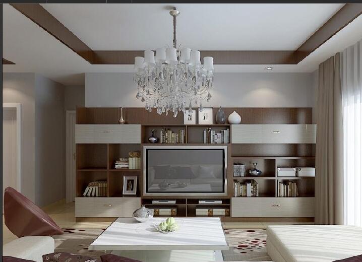 株洲荷塘香榭60平米现代客厅书架组合电视墙L形沙发客厅吊灯效果图