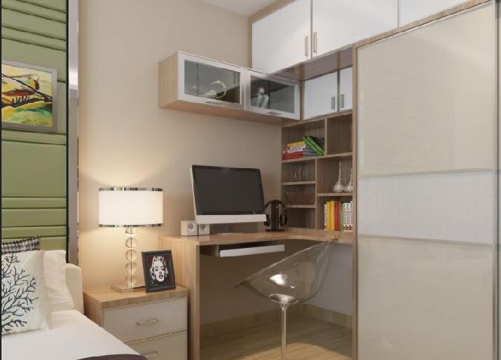 岳阳湖光山色二居室30平米卧室书桌电脑桌书架绿色床头背景墙效果图