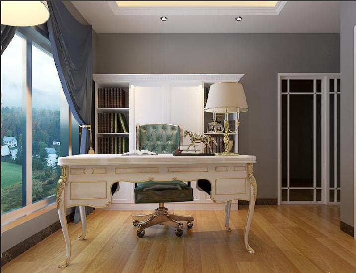 张家界中兴大厦欧式书房白色书桌书柜台灯木地板全景窗户效果图