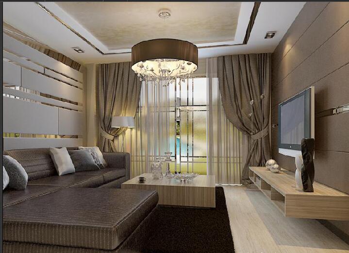 益阳香江城二期40平米一室一厅客厅圆形吊灯软包壁挂电视墙L形组合沙发效