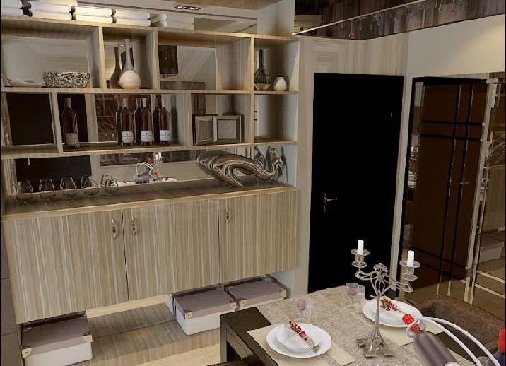 益阳梓怡华府二居室10平米餐厅镜面设计开放式实木酒柜木地板效果图