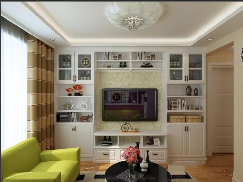 怀化天龙御园绿色双人沙发客厅吸顶灯椭圆形镜面茶几博古架电视墙效果图