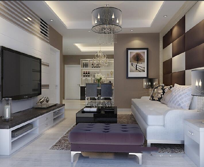 湘西景城公寓现代简约黑白客厅方块背景墙白皮沙发紫色沙发凳效果图