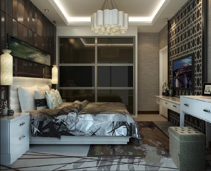 广州东华居现代卧室大床玻璃镜面床头背景白色壁挂电视柜白色吊灯效果图