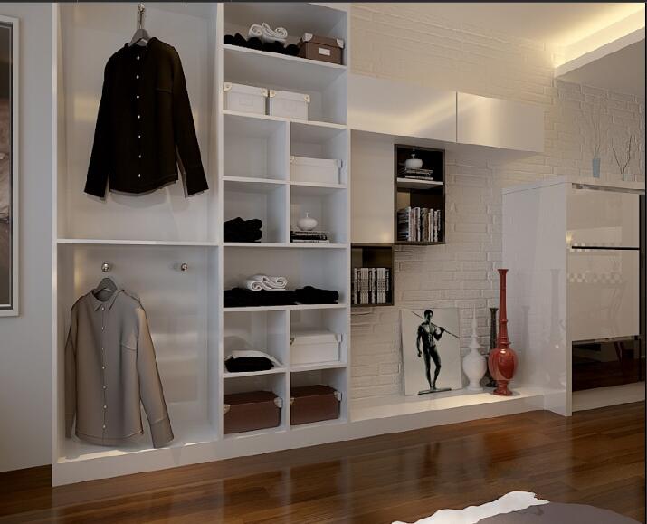 广州德荣小区大卧室白色砖墙壁开放式衣柜拼接木质地板效果图