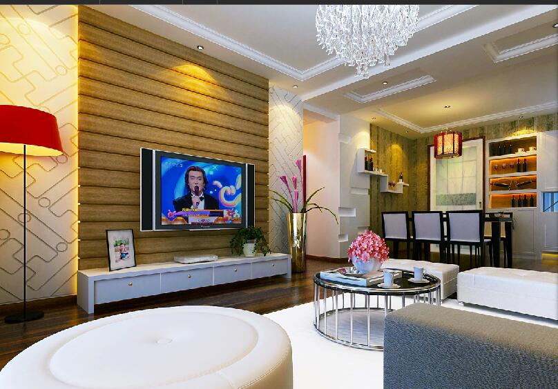 韶关永泰世家客厅餐厅一体半开放式酒柜木条电视墙不锈钢圆形茶几效果图