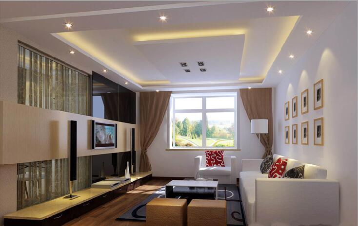珠海粤海苑30平米客厅创意电视墙石膏板吊顶白色方形沙发筒灯灯带