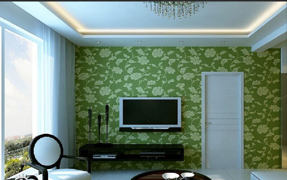 珠海财富世家二期客厅绿色花电视墙墙纸简约吊顶白色透光窗帘黑色柜