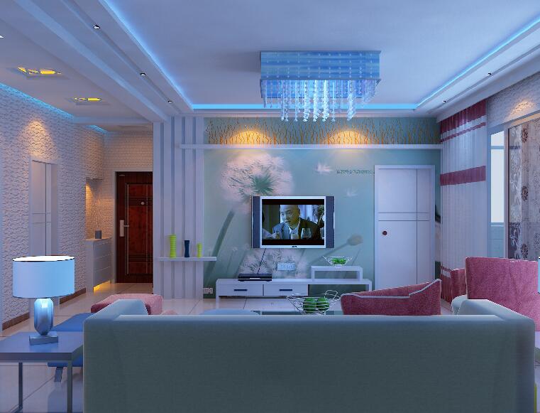 珠海桂园小区蒲公英电视墙纸3D客厅壁纸红色沙发创意吊灯隐形门