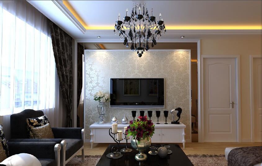 江门东港街30平米客厅欧式水晶灯镜面电视墙黑色沙发效果图