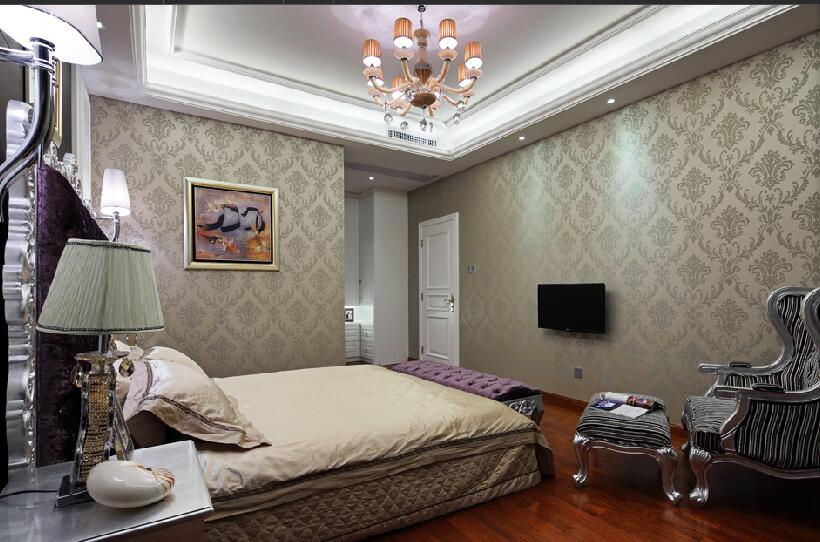 江门景灏居30平米欧式卧室中空吊顶印花墙纸紫色床尾凳效果图