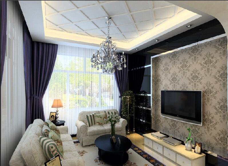 湛江心语公寓现代15平米客厅拱形客厅门菱形吊顶紫色窗帘水晶蜡烛灯效果