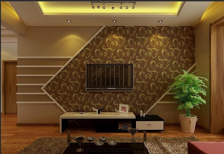 茂名中海大厦创意不规则电视墙欧式花墙纸石膏吊顶暖色客厅灯效果图