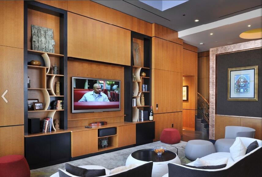 茂名幸福家园跃层饰面板博古架电视墙创意沙发圆形茶几圆形吊顶效果图