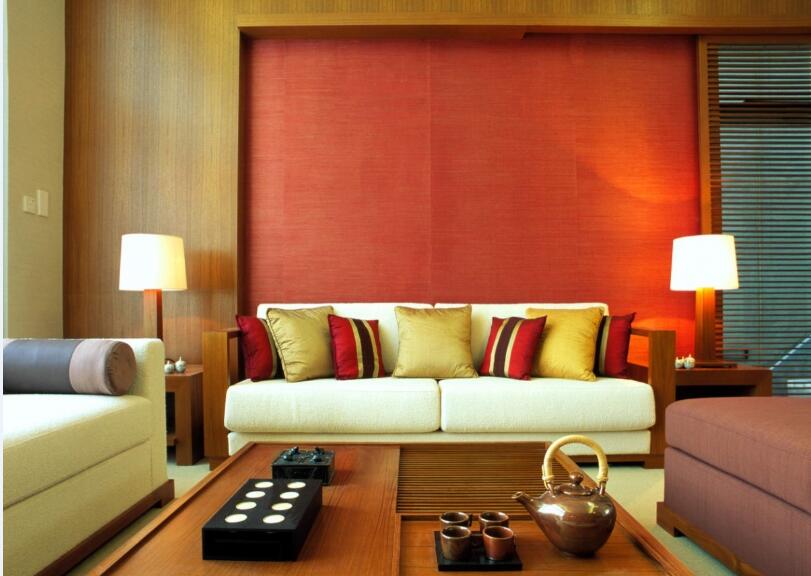 阳江阳江国贸中心10平米客厅红色电视墙方形沙发木质茶几效果图