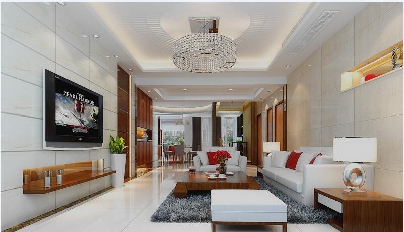 阳江名城大厦50平米现代长方形大客厅圆形珠帘吊灯瓷砖墙壁方形沙发效果