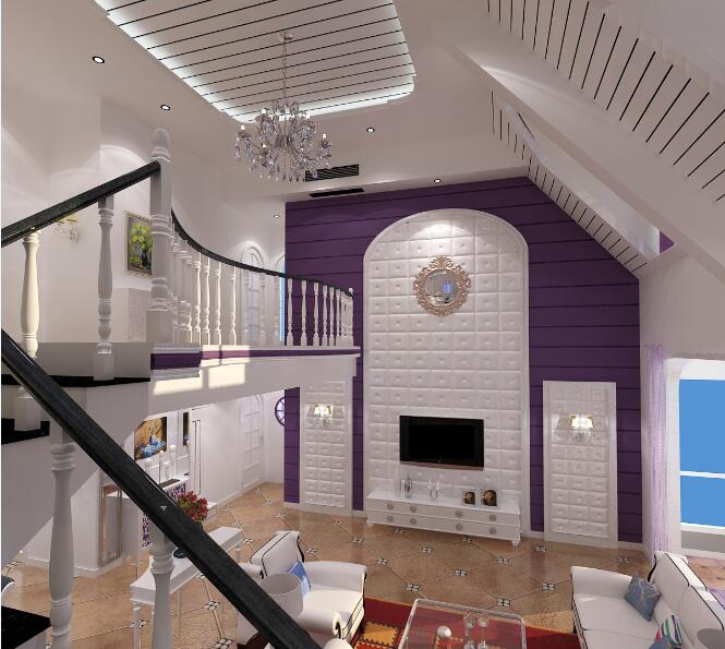 中山雅居乐双子星白色风别墅现代挑高斜顶客厅紫色电视墙实木护栏效果图