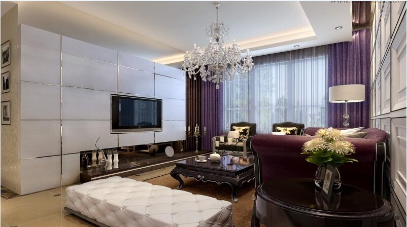 中山沁美家园50平米小二居室嵌入式电视墙美式拉扣沙发白色水晶吊灯效果