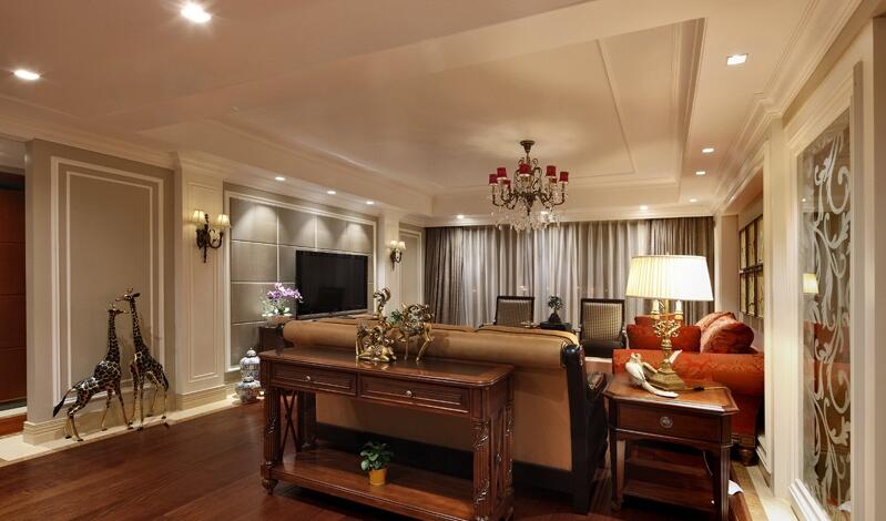 潮州馨居苑75平米欧式复古客厅欧式红沙发拼接地板工艺品摆件效果图