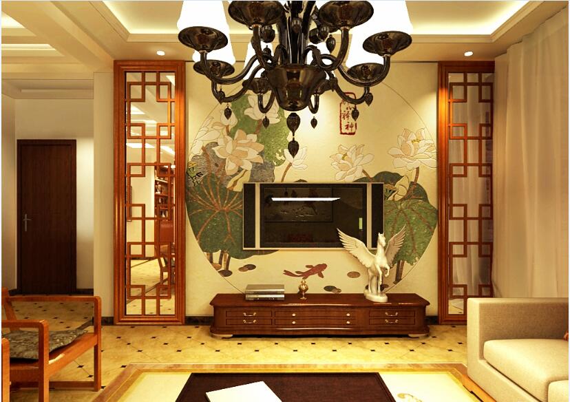 揭阳江南新城一期中式客厅镂空雕花板电视墙荷花墙纸黑色吊灯效果图