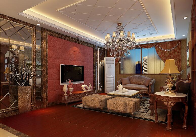 揭阳建阳花园现代欧式客厅红色软包电视墙菱形吊顶棕皮欧式沙发效果图