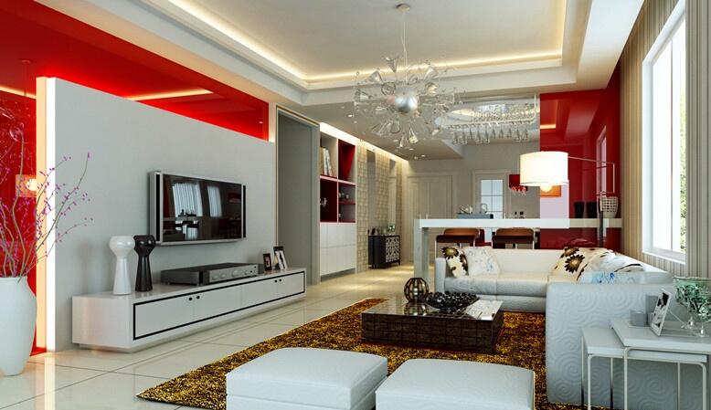 云浮丹枫白露酒店公寓红白创意电视墙喇叭吊灯客厅开放式吧台效果图